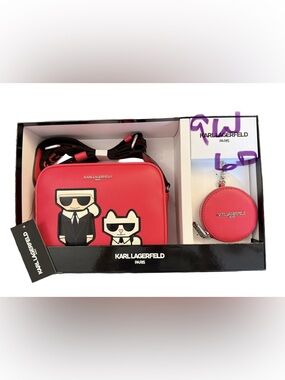 Karl Lagerfeld Pink-Red Leather Crossbody Bag with Charm Wallet